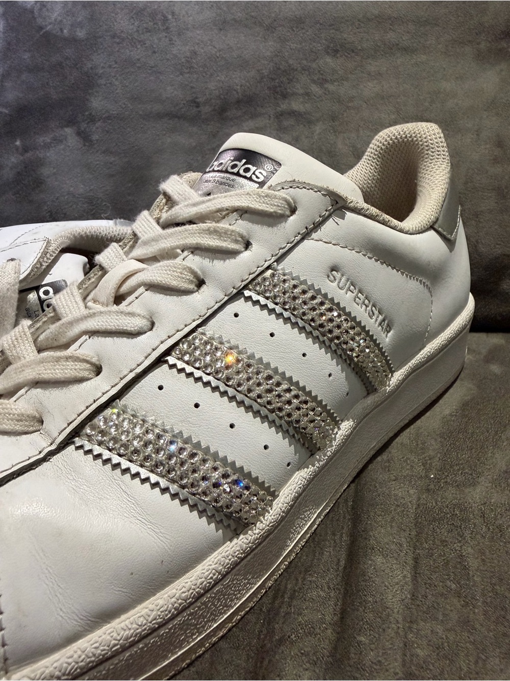 adidas White Superstar Sneakers with Crystal-Embellished Stripes